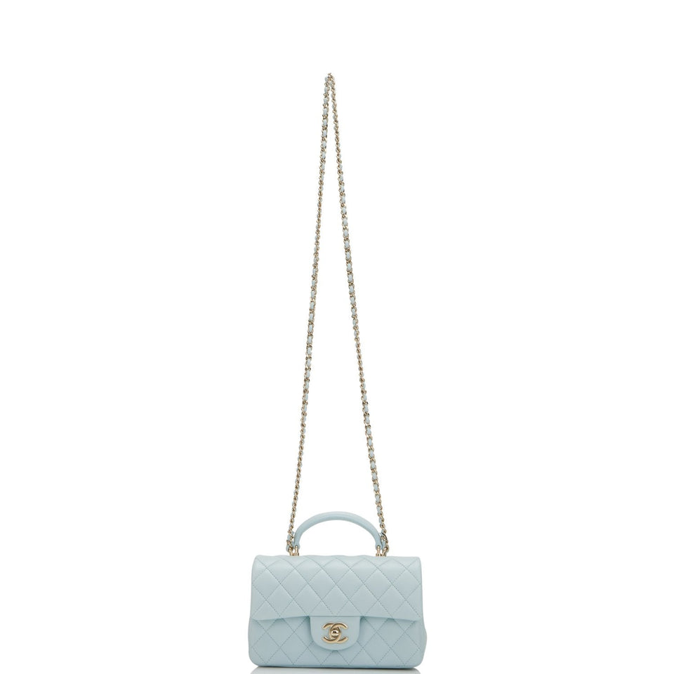Chanel Mini Rectangular Flap with Top Handle Light Blue Lambskin Light Gold Hardware