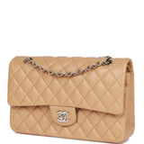 Chanel Medium Classic Double Flap Bag Beige Lambskin Silver Hardware