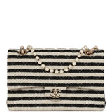 Chanel Medium Classic Double Flap Bag Black and Beige Striped Silk Light Gold Hardware