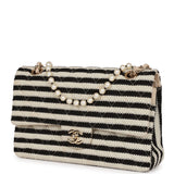 Chanel Medium Classic Double Flap Bag Black and Beige Striped Silk Light Gold Hardware