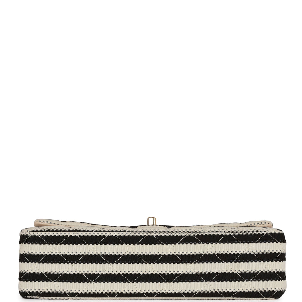 Chanel Medium Classic Double Flap Bag Black and Beige Striped Silk Light Gold Hardware