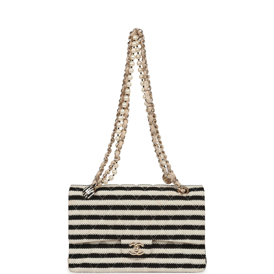 Chanel Medium Classic Double Flap Bag Black and Beige Striped Silk Light Gold Hardware