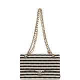 Chanel Medium Classic Double Flap Bag Black and Beige Striped Silk Light Gold Hardware