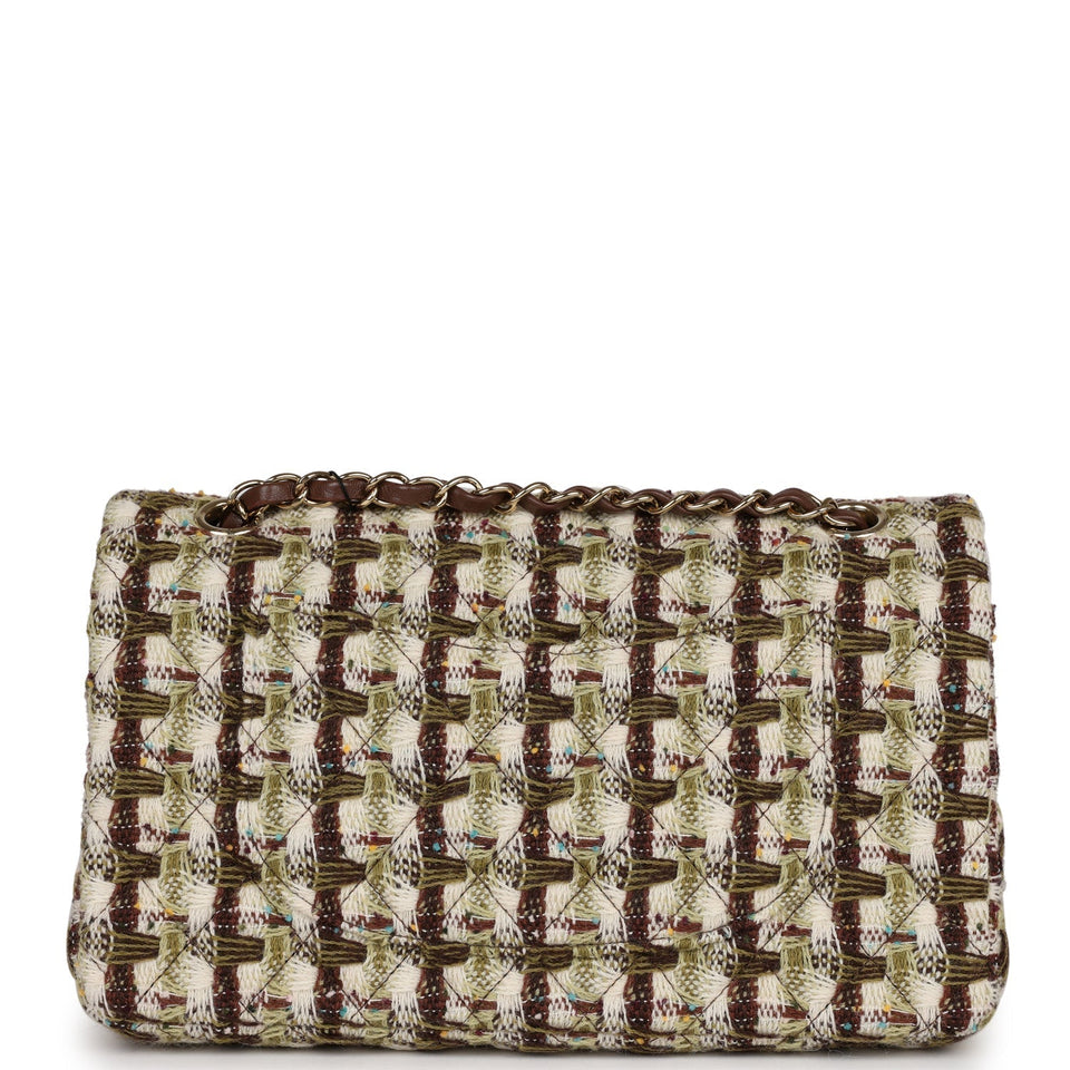 Chanel Medium Classic Double Flap Bag Brown, Green, and White Tweed Light Gold Hardware