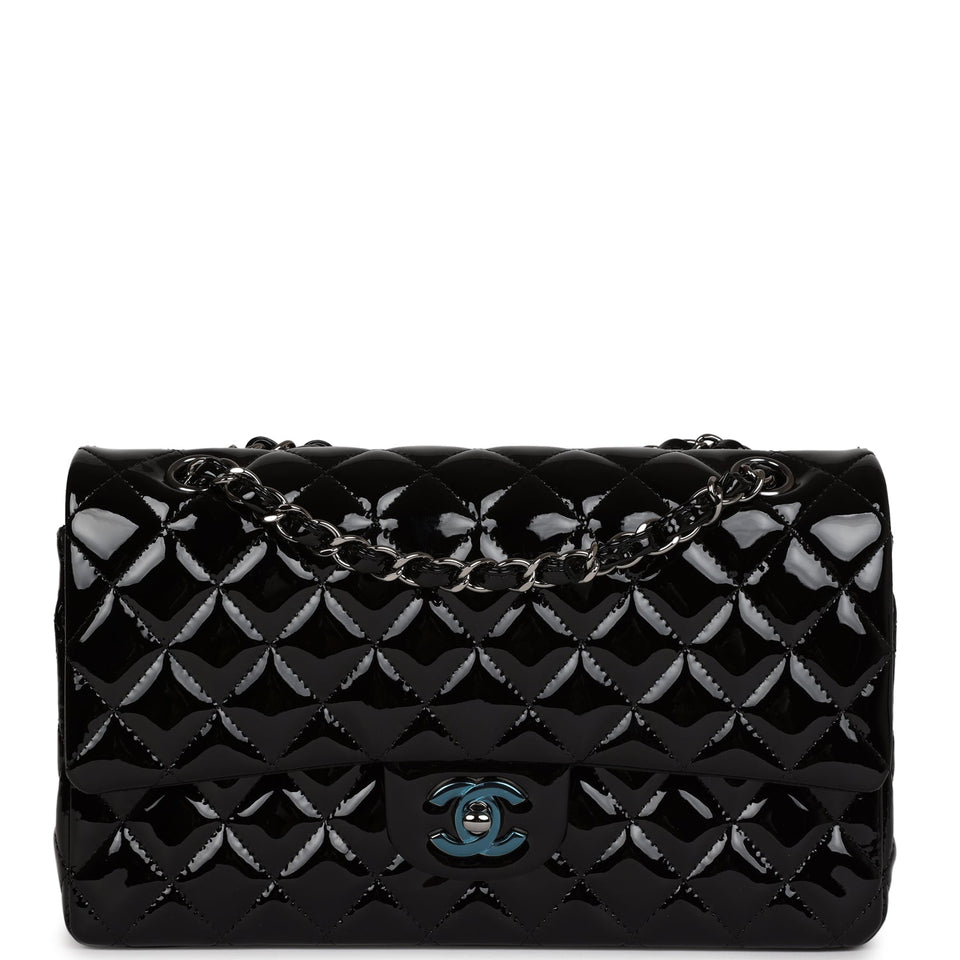 Chanel Medium Classic Double Flap Bag Black Patent Leather Silver Hardware