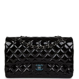 Chanel Medium Classic Double Flap Bag Black Patent Leather Silver Hardware
