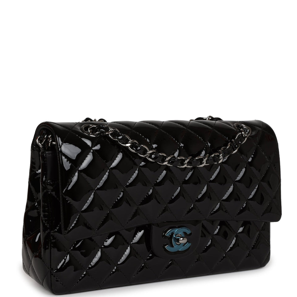 Chanel Medium Classic Double Flap Bag Black Patent Leather Silver Hardware