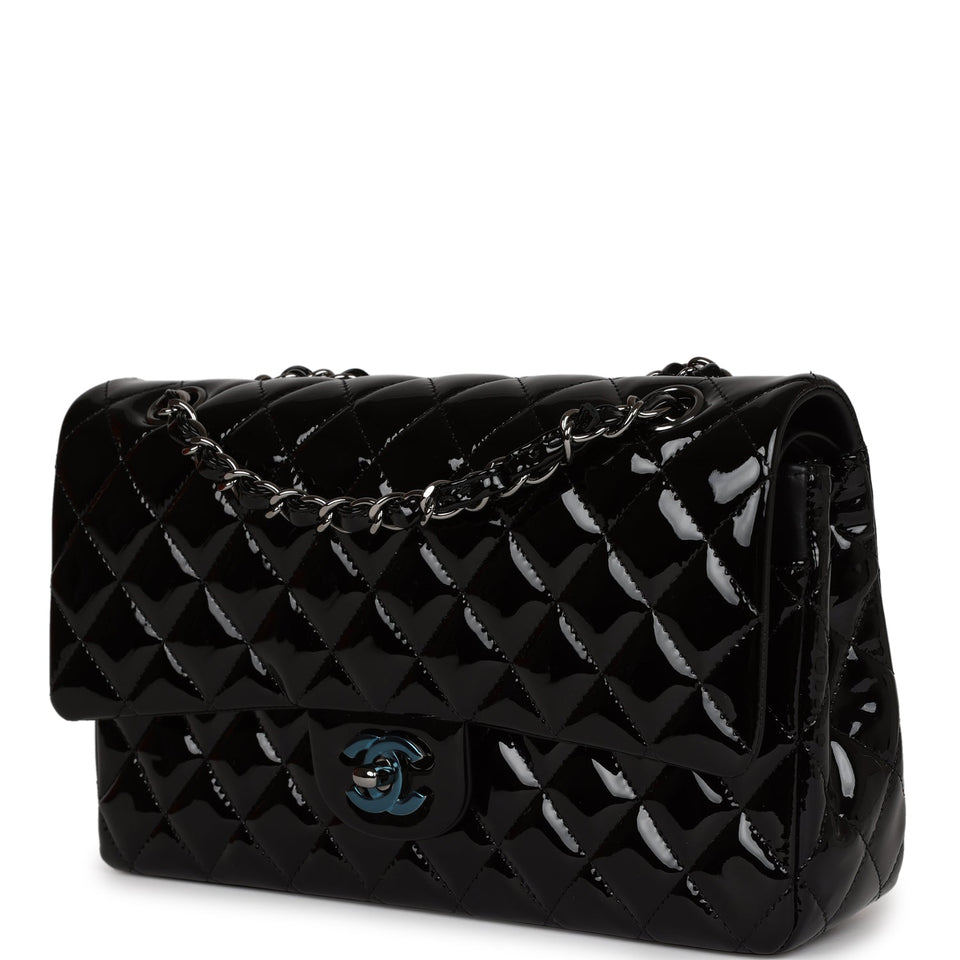 Chanel Medium Classic Double Flap Bag Black Patent Leather Silver Hardware