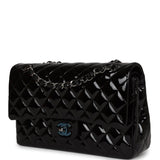 Chanel Medium Classic Double Flap Bag Black Patent Leather Silver Hardware