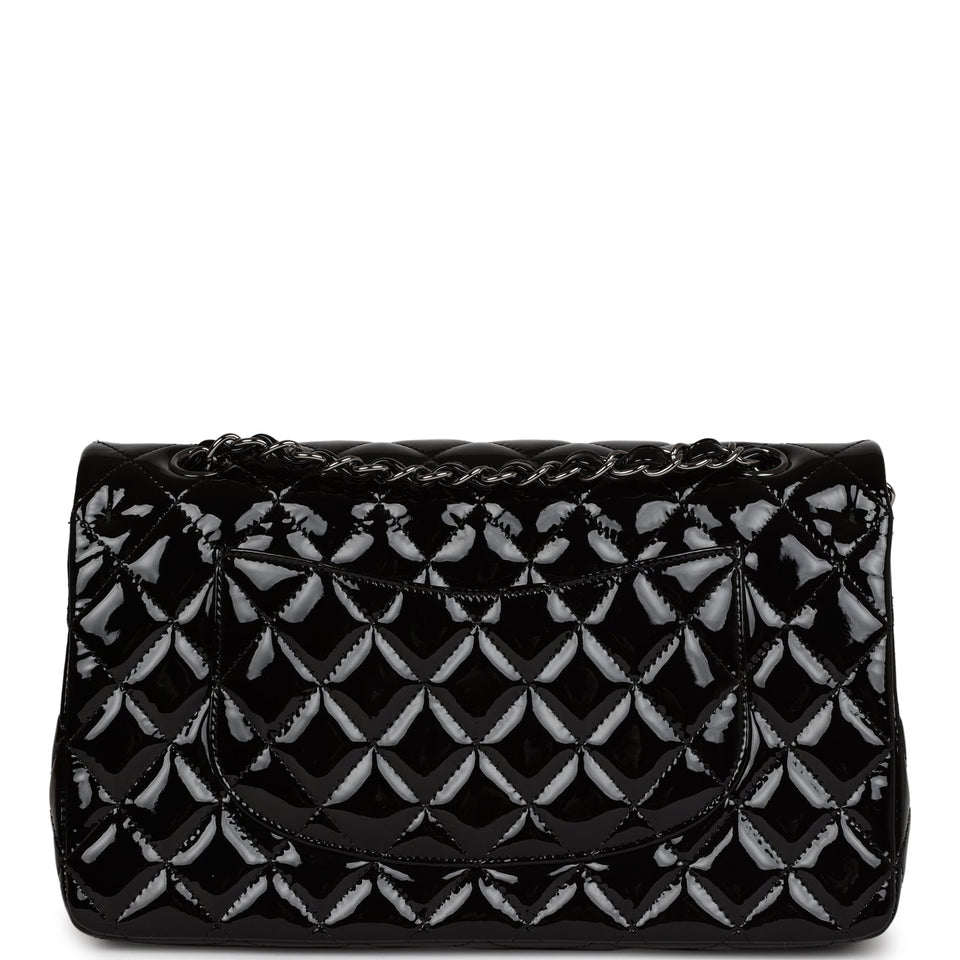 Chanel Medium Classic Double Flap Bag Black Patent Leather Silver Hardware