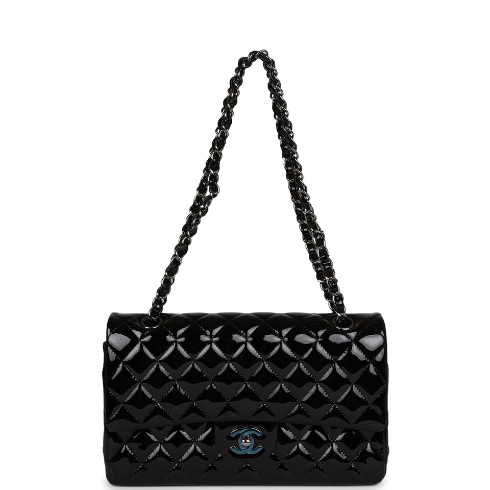 Chanel Medium Classic Double Flap Bag Black Patent Leather Silver Hardware
