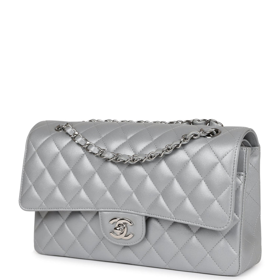 Chanel Medium Classic Double Flap Silver Metallic Lambskin Silver Hardware