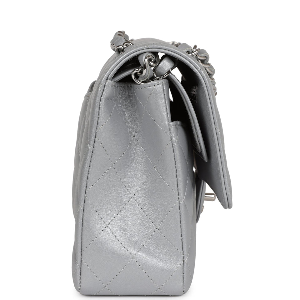 Chanel Medium Classic Double Flap Silver Metallic Lambskin Silver Hardware
