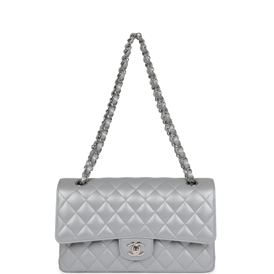 Chanel Medium Classic Double Flap Silver Metallic Lambskin Silver Hardware