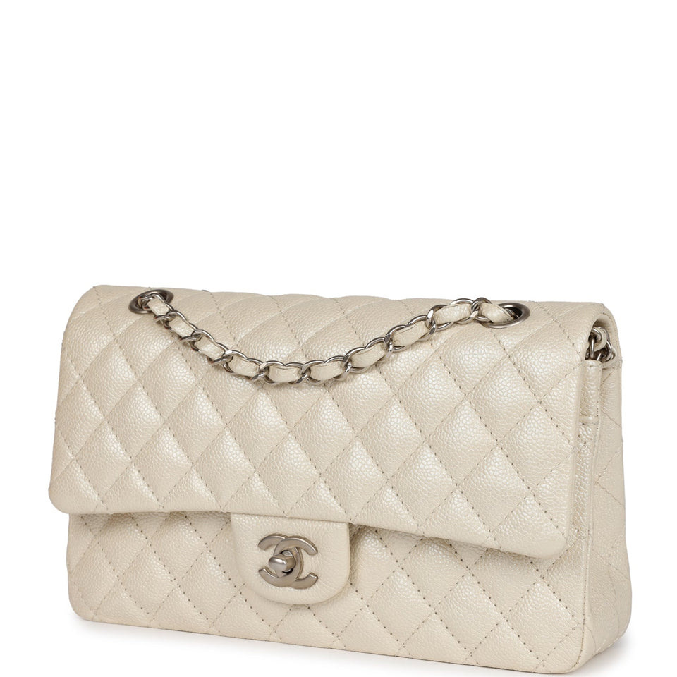 Chanel Medium Classic Double Flap Pearlescent Ivory Caviar Brushed Silver Hardware