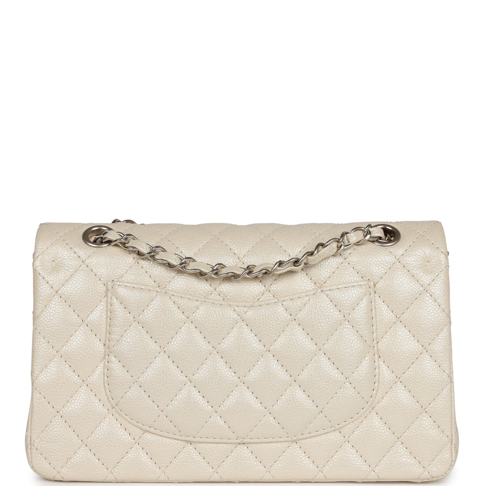 Chanel Medium Classic Double Flap Pearlescent Ivory Caviar Brushed Silver Hardware