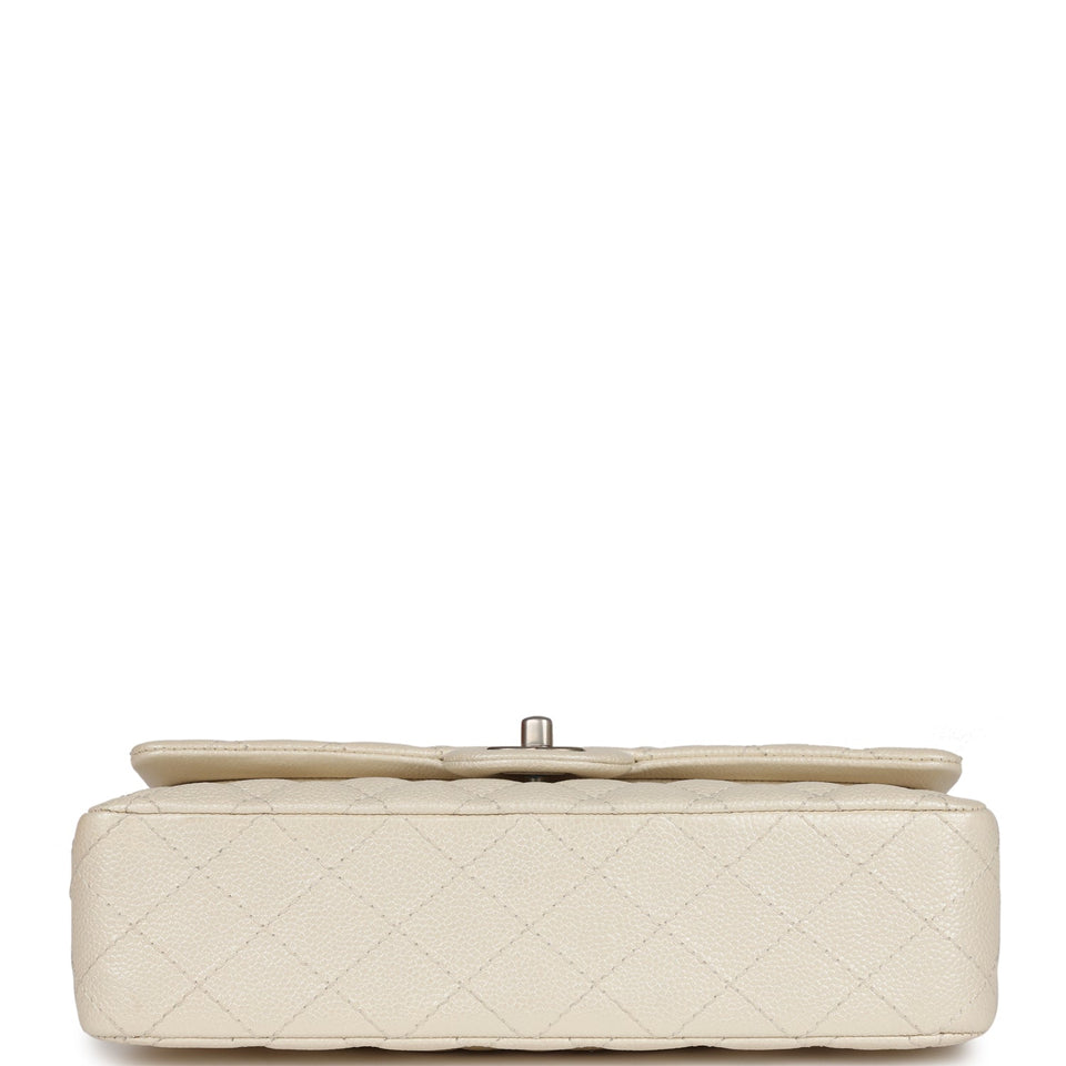 Chanel Medium Classic Double Flap Pearlescent Ivory Caviar Brushed Silver Hardware