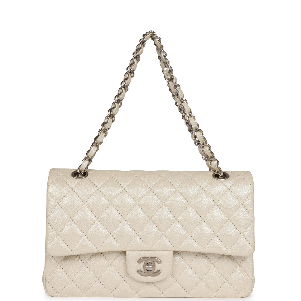 Chanel Medium Classic Double Flap Pearlescent Ivory Caviar Brushed Silver Hardware