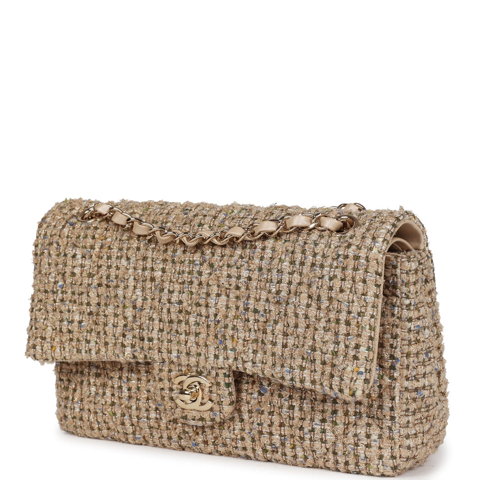 Chanel Medium Classic Double Flap Beige Tweed Gold Hardware