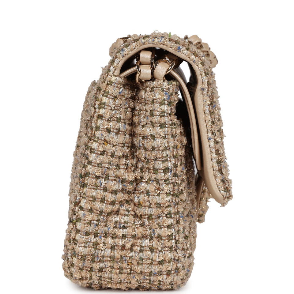 Chanel Medium Classic Double Flap Beige Tweed Gold Hardware