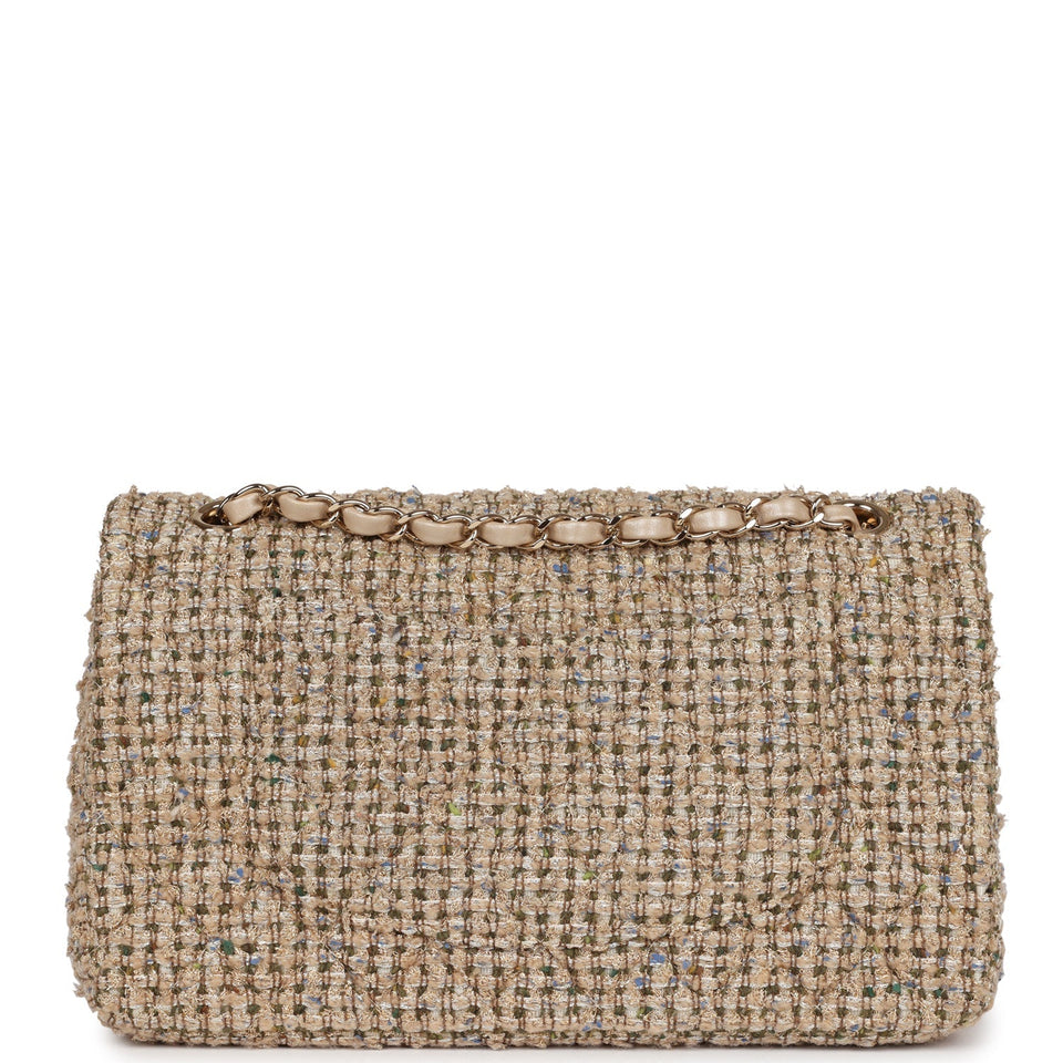Chanel Medium Classic Double Flap Beige Tweed Gold Hardware