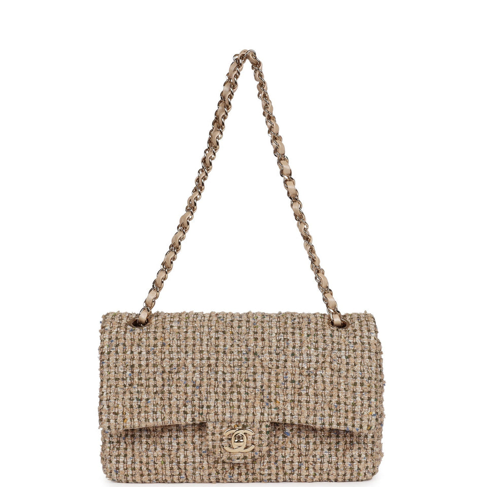 Chanel Medium Classic Double Flap Beige Tweed Gold Hardware