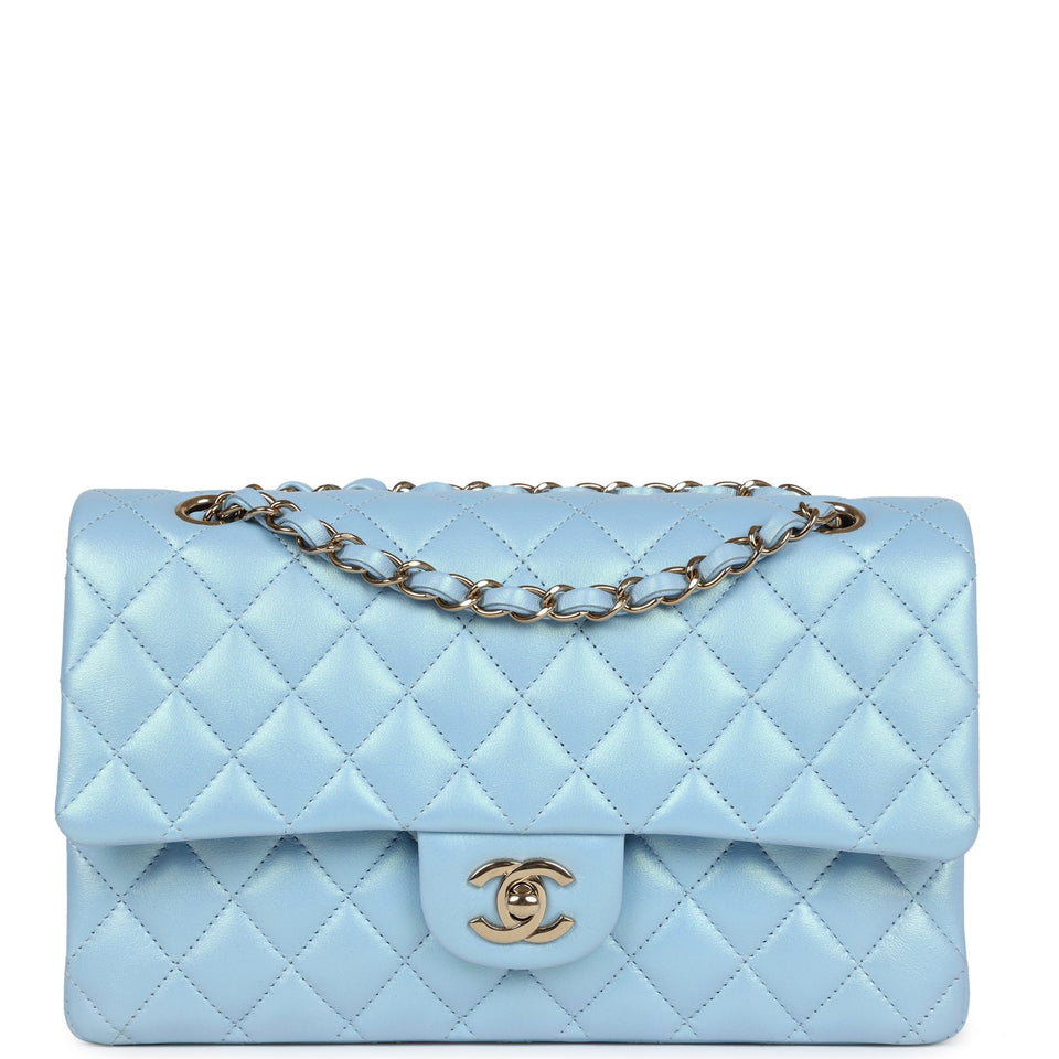 Chanel Medium Classic Double Flap Bag Blue Iridescent Calfskin Gold Hardware