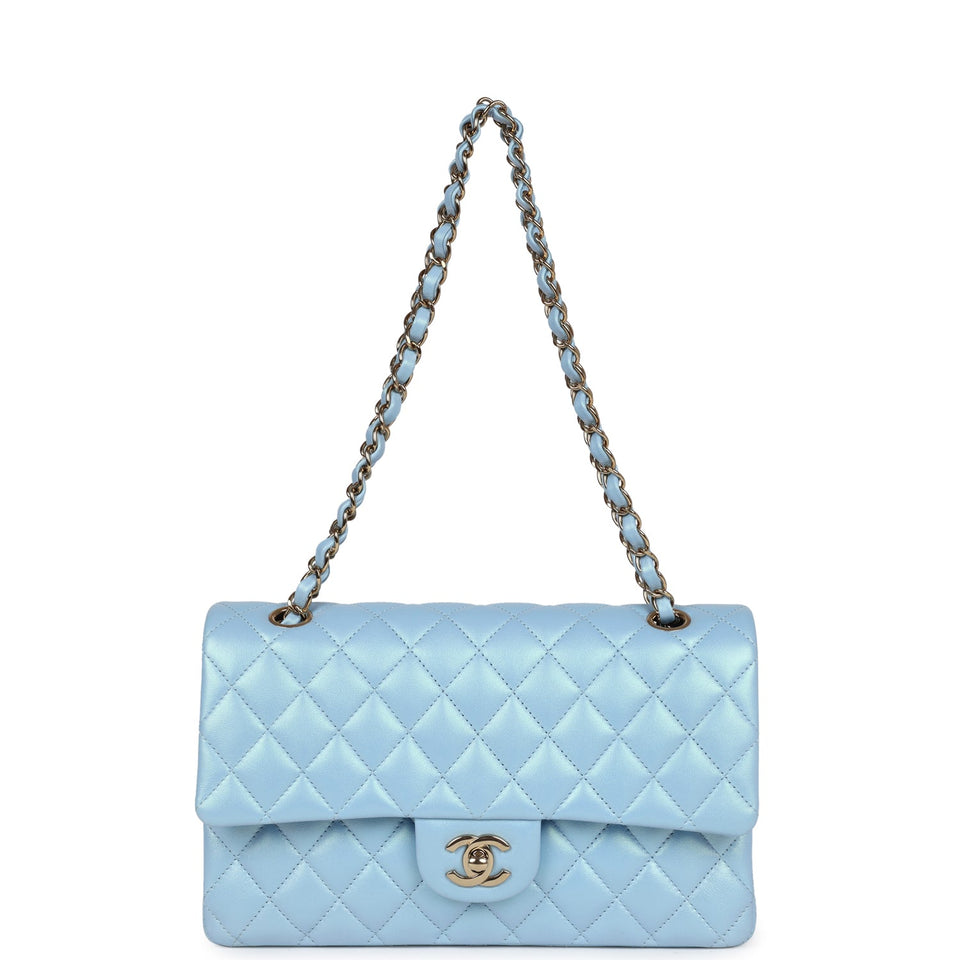 Chanel Medium Classic Double Flap Bag Blue Iridescent Calfskin Gold Hardware