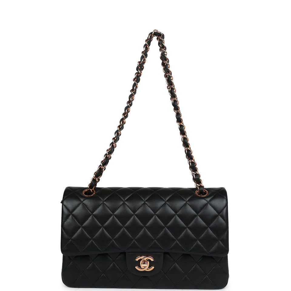 Chanel Medium Classic Double Flap Bag Black Lambskin Rose Gold Hardware