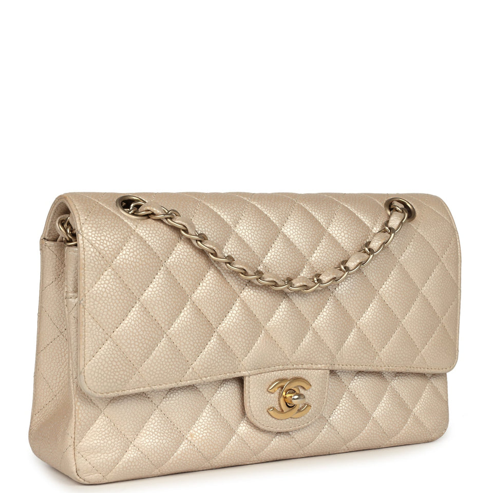 Chanel Medium Classic Double Flap Pearly Beige Caviar Gold Hardware