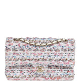 Chanel Medium Classic Double Flap White Multicolored Tweed Light Gold Hardware