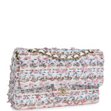 Chanel Medium Classic Double Flap White Multicolored Tweed Light Gold Hardware