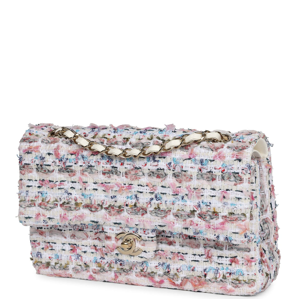 Chanel Medium Classic Double Flap White Multicolored Tweed Light Gold Hardware