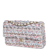 Chanel Medium Classic Double Flap White Multicolored Tweed Light Gold Hardware