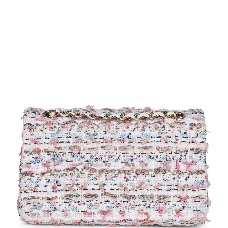 Chanel Medium Classic Double Flap White Multicolored Tweed Light Gold Hardware