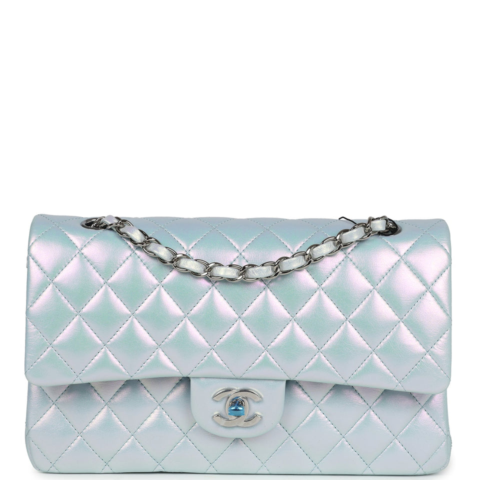Chanel Medium Classic Double Flap Bag Blue Iridescent Calfskin Silver Hardware
