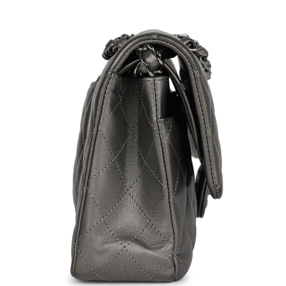 Chanel Medium Classic Double Flap Bag Metallic Grey Lambskin Silver Hardware