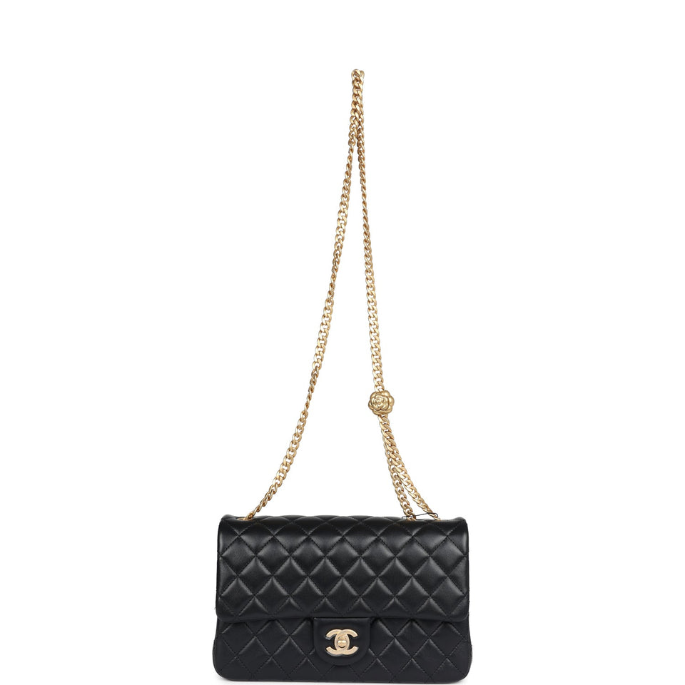 Chanel Medium Camellia Crush Flap Bag Black Lambskin Antique Gold Hardware