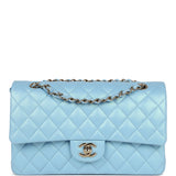 Chanel Medium Classic Double Flap Bag Light Blue Iridescent Calfskin Gold Hardware