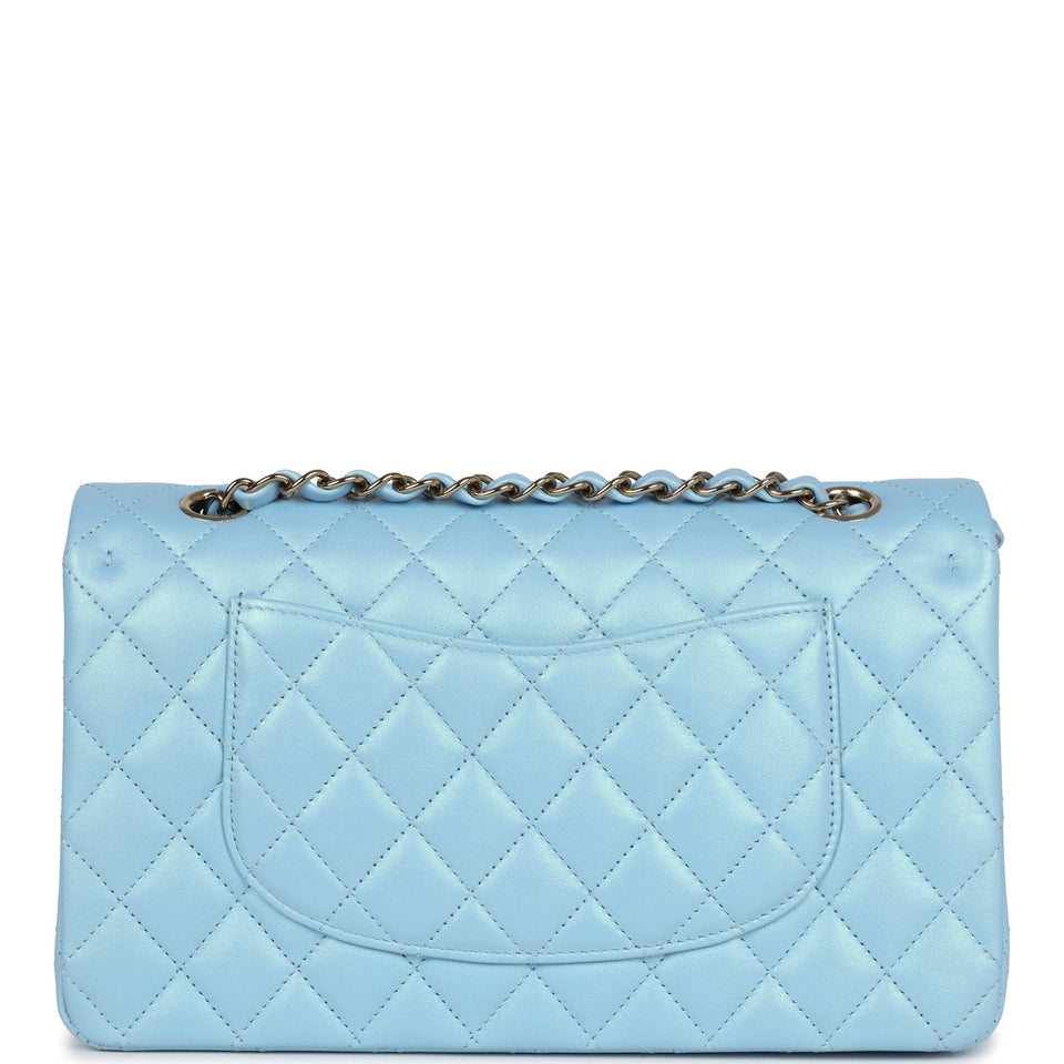 Chanel Medium Classic Double Flap Bag Light Blue Iridescent Calfskin Gold Hardware