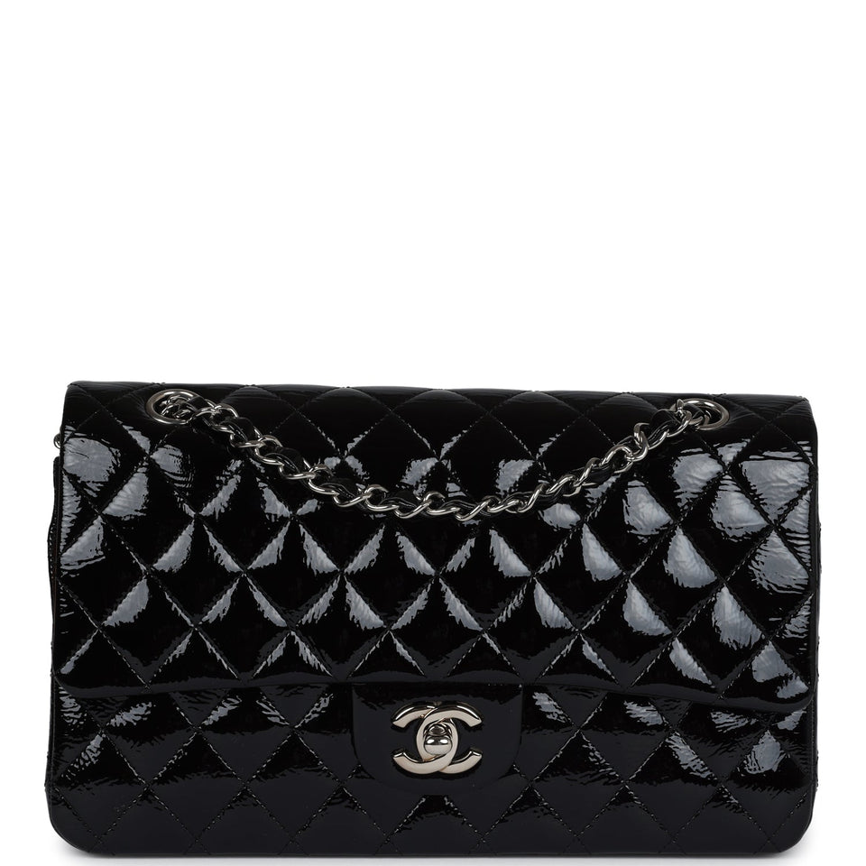 Chanel Medium Classic Double Flap Bag Black Crumpled Patent Leather Silver Hardware