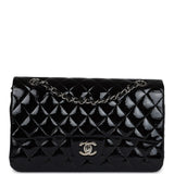 Chanel Medium Classic Double Flap Bag Black Crumpled Patent Leather Silver Hardware