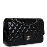 Chanel Medium Classic Double Flap Bag Black Crumpled Patent Leather Silver Hardware