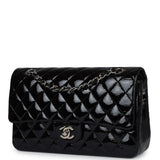 Chanel Medium Classic Double Flap Bag Black Crumpled Patent Leather Silver Hardware