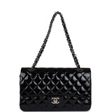 Chanel Medium Classic Double Flap Bag Black Crumpled Patent Leather Silver Hardware