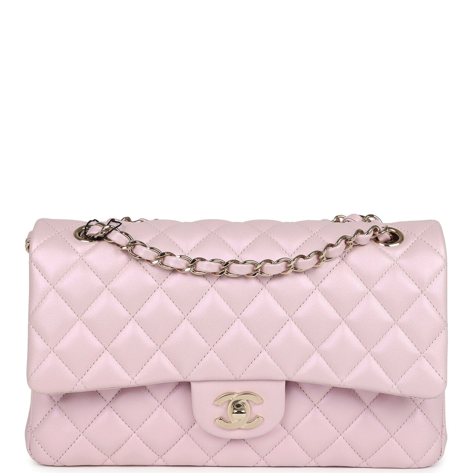 Chanel Medium Classic Double Flap Bag Pink Iridescent Lambskin Light Gold Hardware