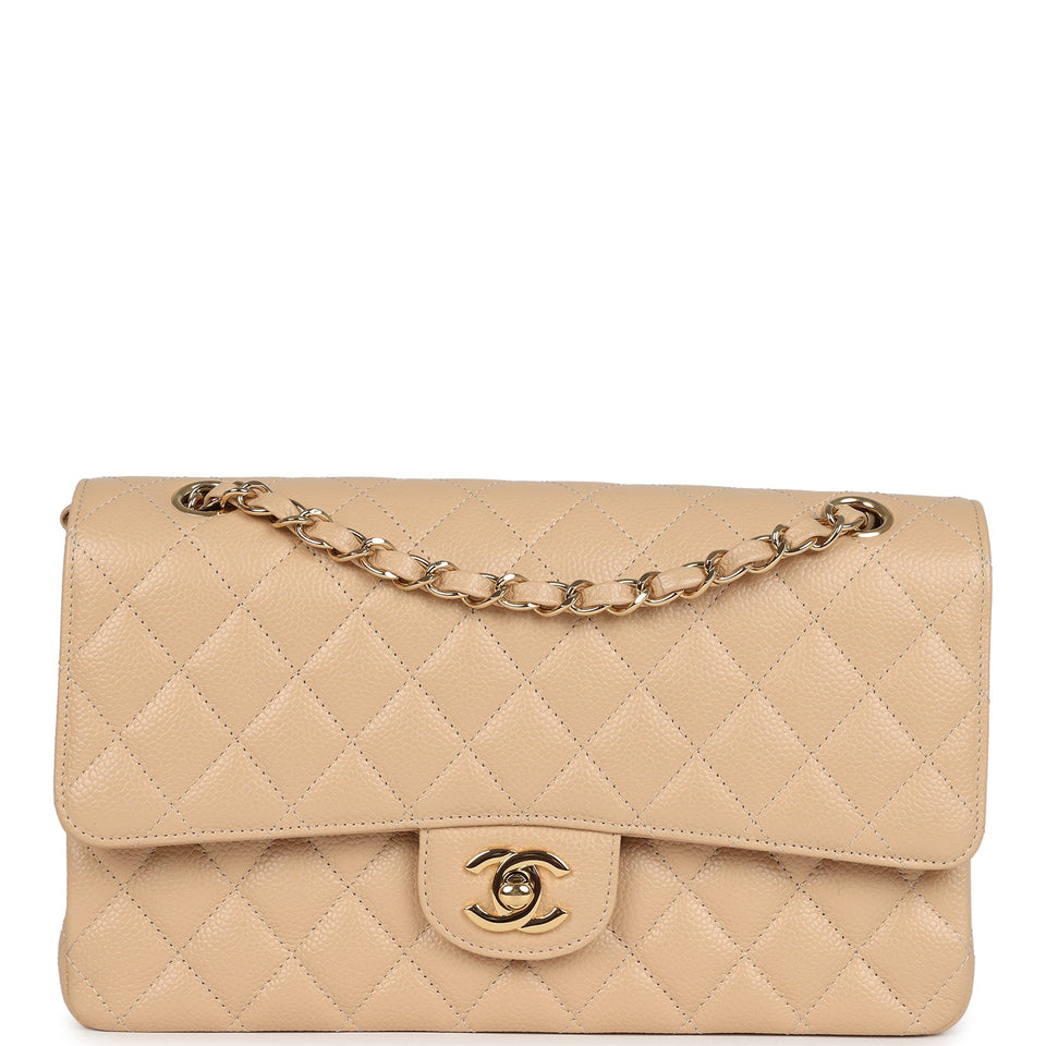 Chanel Medium Classic Double Flap Beige Caviar Gold Hardware