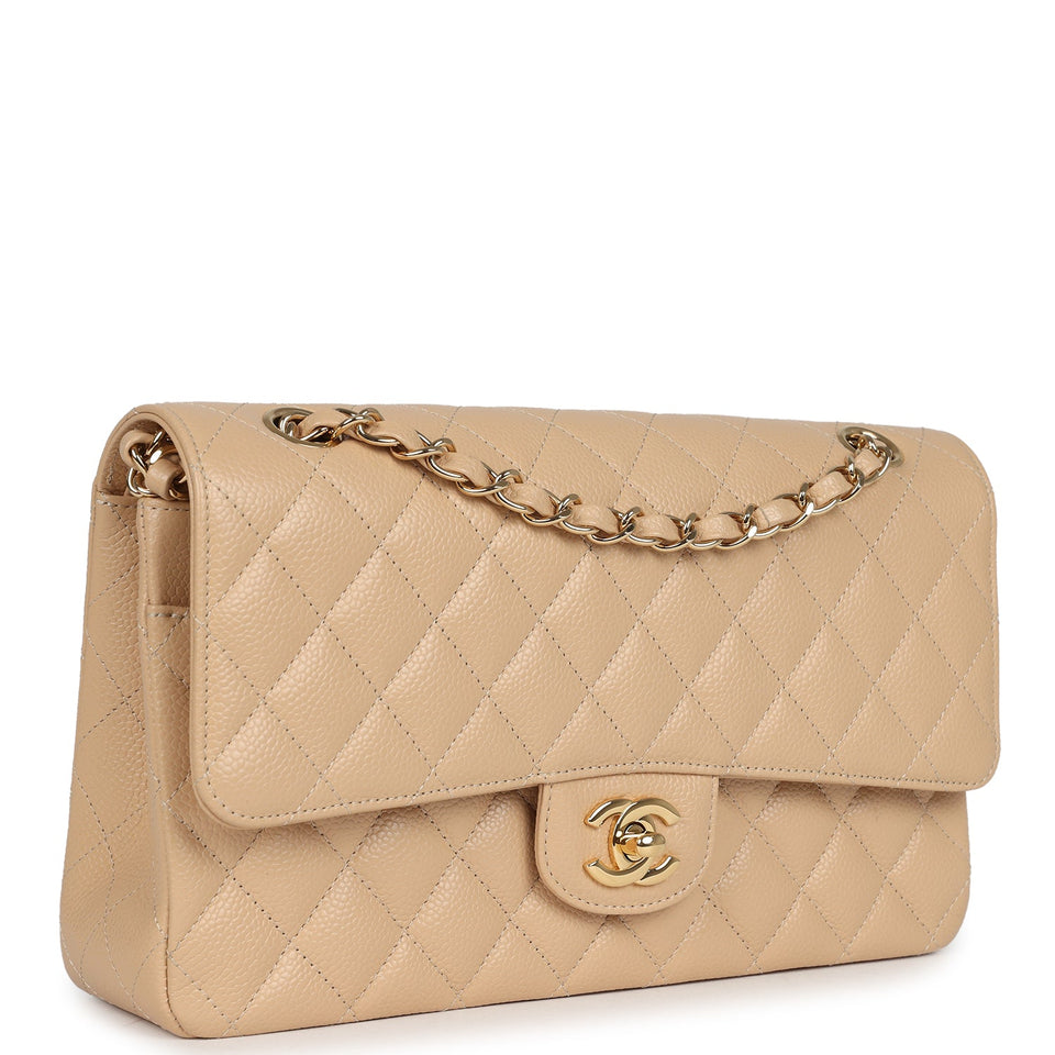 Chanel Medium Classic Double Flap Beige Caviar Gold Hardware