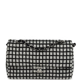 Chanel Medium Logo Ribbon Classic Double Flap Bag White and Black Canvas and Tweed Silver Hardware