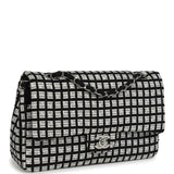 Chanel Medium Logo Ribbon Classic Double Flap Bag White and Black Canvas and Tweed Silver Hardware